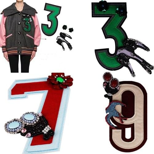 1PC Number digital 9/3/7 Sew on Jacket Flower Bird Rhinestones Applique Beaded Sequin Sticker Patches Appatel Accessories TH678