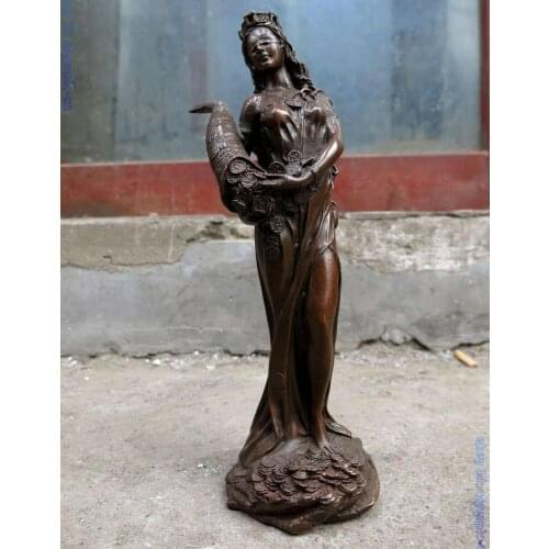 11" China bronze fine workmanship ox horn money beautiful woman Sculpture Statue