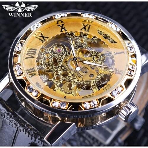 Winner Fashion Golden Skeleton Clock Diamond Design Silver Case Luminous Hands Mens Mechanical Wrist Watches Top Brand Luxury