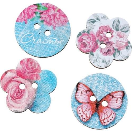 Blue Flowers & Butterfly painted Wooden decorative Buttons 25mm Scrapbooking Craft Sewing Supplies 100pcs MT0338