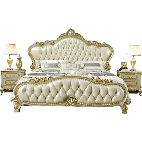 Double bed modern palace style wedding bed all solid wood luxury carved American leather princess bed master bedroom