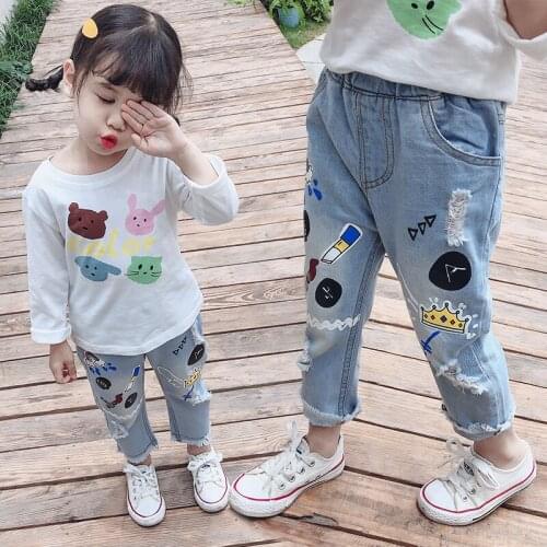 2-6 years old girl jeans boy jeans hole graffiti jeans casual pants children pants fashion versatile