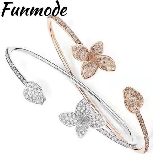 Funmode Luxury Design AAA Cubic Zirconia Pave Big Delicate Bangles Leaf Flower Shaped Open Hand Cuff Bangle for Women F001B