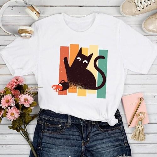 T-shirts Women Cat Striped Coffee Funny Cartoon Printing Spring Summer Tshirt Top Lady Stylish Girl Print Clothes Tee T-Shirt