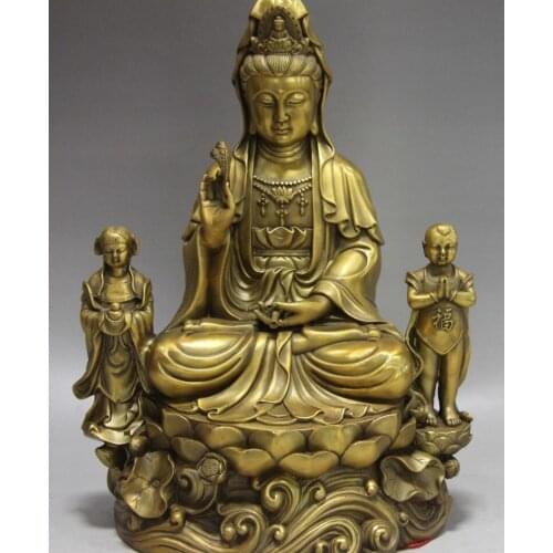 China Buddhism Brass Copper Two Boys Bodhisattva Kwan-Yin Guan Yin Buddha statue