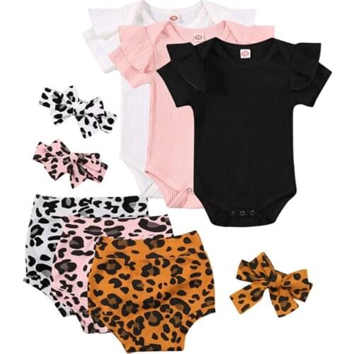 Hot Summer Newborn Girls Suit Infants Three Piece Set Babys Solid Color Short Sleeve Romper Leopard Print Shorts Hair Band