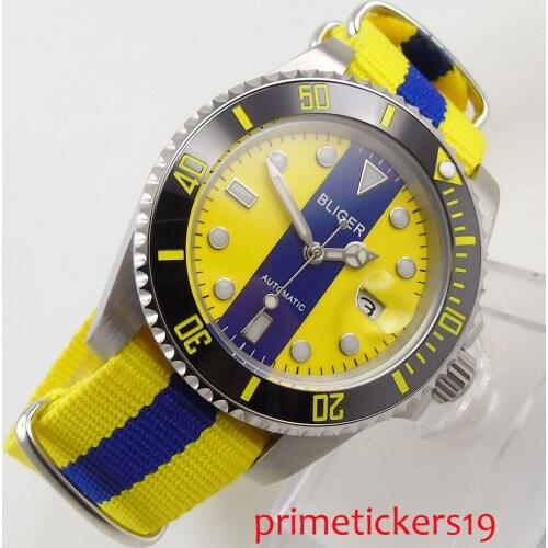 40mm BLIGER self winding yellow blue dial date sapphire glass mens watch automatic movement
