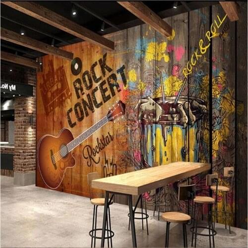 Nostalgic Fashion Guitar Rock Concert Theme Self Adhesive Wallpaper 3D Bar KTV Graffiti Art Background Industrial Decor Murals