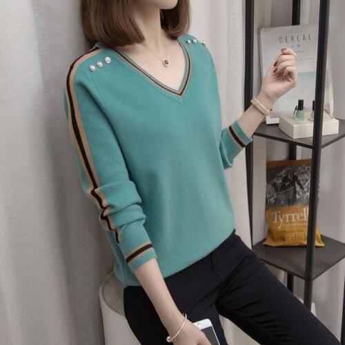 Loose V-Neck Pullover Women Button Patchwork Long Sleeve Knitwear Tops Casual Spring Large Size Knitted Sweater Female Y652