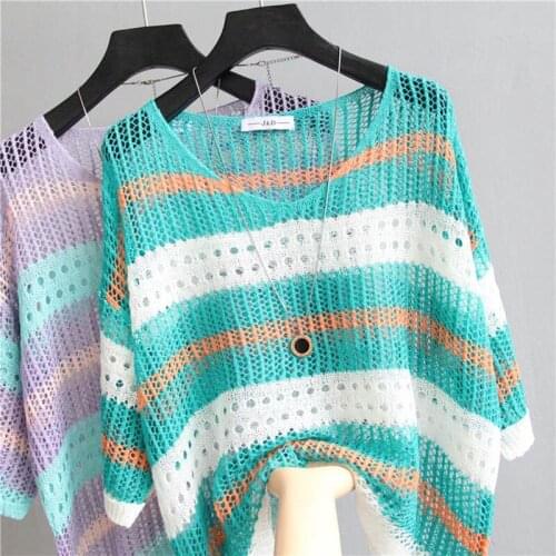 Fashion Sexy Women Pullover Stripe Hollow Sweater Slim Tops Half Sleeve Knitted Shirt Casual Clothing
