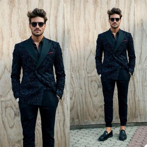 Luxury Printed Men Suits 2 Pieces Black Fashion Wedding Suit Peaked Lapel Blazer Suit Custom Made Coat+Pant