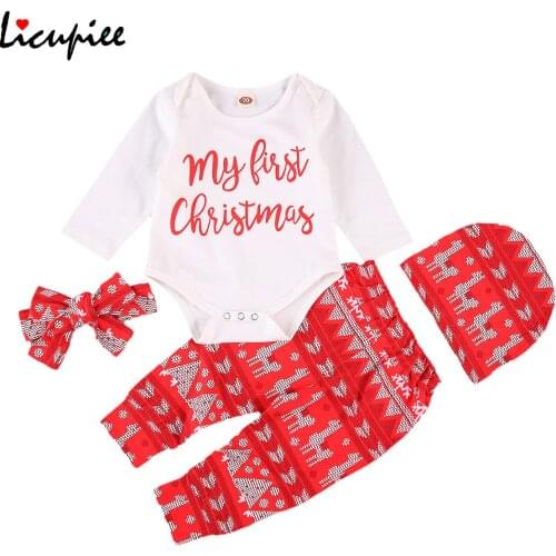 Christmas Baby Girls Boys Clothes Suit Long Sleeve Round Neck Romper Long Pants with Hat and Bow Tie Winter Autumn 0-24 Month
