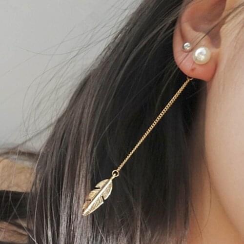 Ms. Leaf Feather Drop Shape Simulation Pearl Long Tassel Dangle Earrings Personality Feather Leaves Leaf Earrings серьги 50