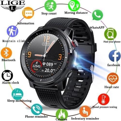 2021 LIGE IP68 Waterproof Smart Watch Men ECG Heart Rate Blood Pressure Monitor LED Flashlight Sports Fitness Tracker smartwatch