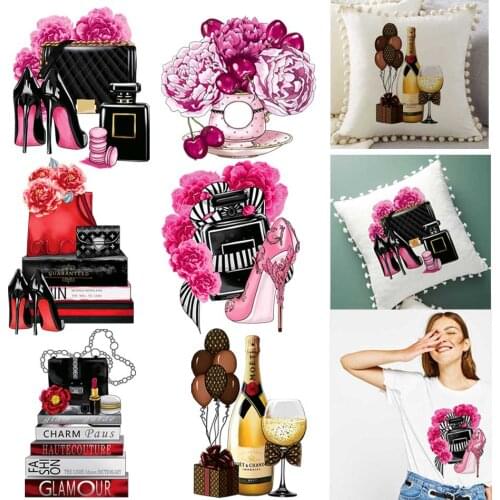 Pink High-Heeled Shoes Patches For Clothes DIY Washable Woman T-Shirts Heat Transfer Thermal Stickers Fashion Iron On Appliqued