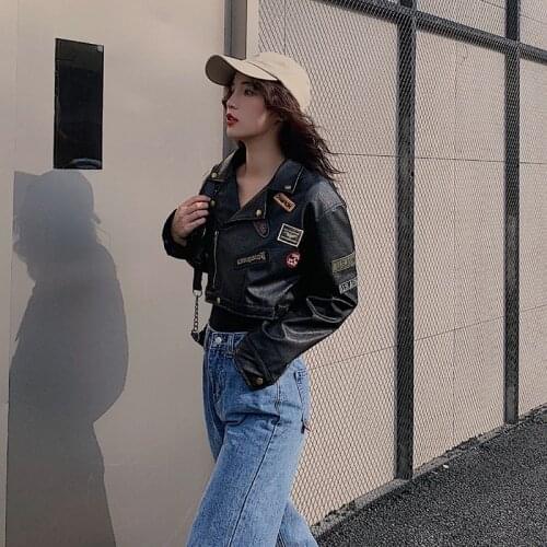 Women Faux Leather Jackets Studded Graffiti Look Punk Biker Moto Jacket with Patches,High Waist Navel