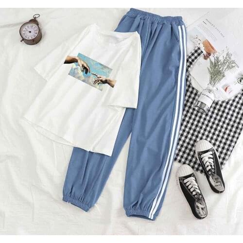 Pant Suits Two Piece Set Women Top and Pants Jogging Gesture T Shirt Trouser Suit Outfit Loungewear Summer Streetwear Pants