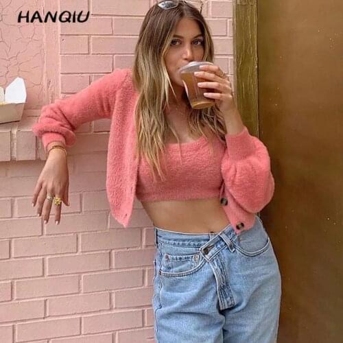 2020 Korean button long sleeve sweater women sexy cropped sweater kawaii pink cropped cardigan women mohair sweater tops fall