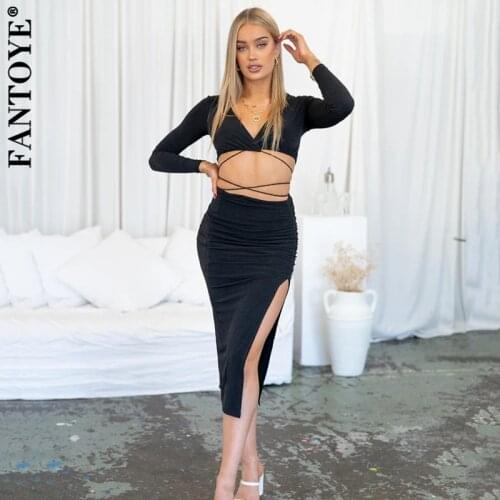Fantoye Sexy High Split Bandage Women Two Piece Of Sets Black Long Sleeve V-neck Dress Ladies Summer Slim Fashion Streetwear Set