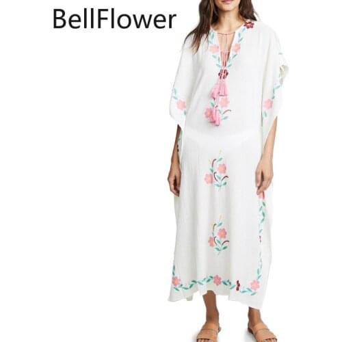 Summer Boho White Dress Woman 2021 Short Sleeve Flower Embroidery Bohemian Dresses for Women Sunscreen Bandage Split Sexy Dress