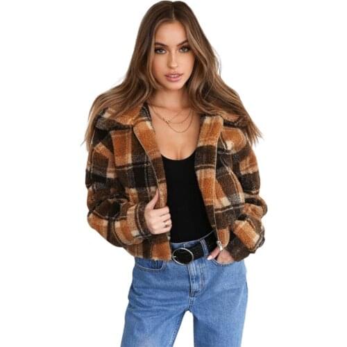 NORA TWIPS Faux Fur Coat Women Autumn Winter Fluffy Teddy Plaid Jacket Coat Long Sleeve Outerwear Turn Down Short Coat Female