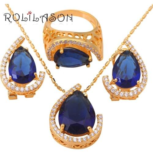 Gold Tone Zircon Blue zirconia Crystal Health Nickel & Lead free Earring Necklace Ring size #6 #6.5 #7 #8.5 Jewelry Set JS305