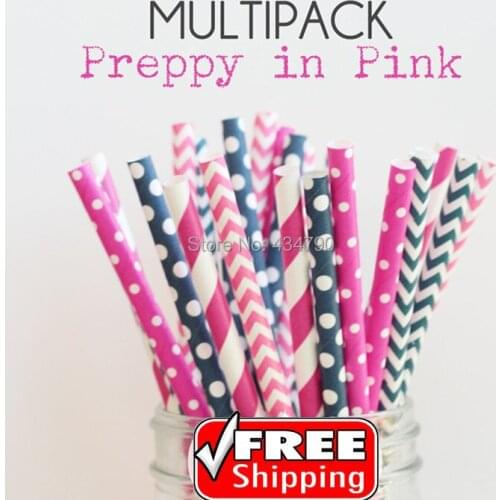 250pcs Mixed 5 Designs PREPPY IN PINK Paper Straws UK, Hot Pink, Deep Pink, Navy, Deep Blue Chevron, Striped, Swiss Dot