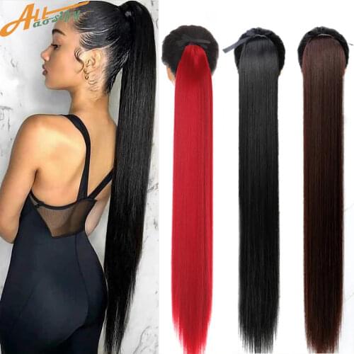 Allaosify 18-32 inch New super long strap clip womens wig black brown long straight hair ponytail extended headwear