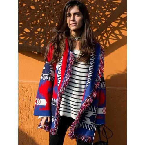 Boho Inspired jacquard knit cardigan fringe streetwear fashion icon cardigan women warm long sleeve belt tied cardigan coat