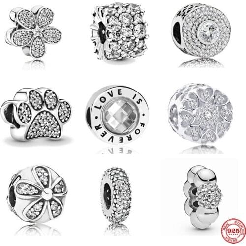 NEW white pave daisy clip spacer love paw diy Beads Fit original Pandora charms silver 925 Women DIY Making Jewelry Accessories