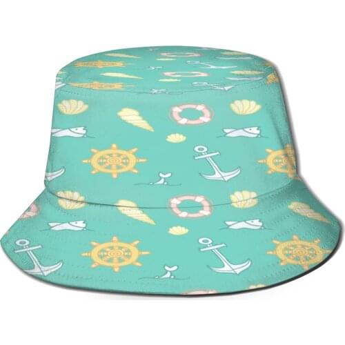 CINESSD Bucket Hat Unisex Bob Caps Hip Hop Gorros Mint Sailing Anchors Pattern Summer Panama Cap Beach Sun Fishing Hat