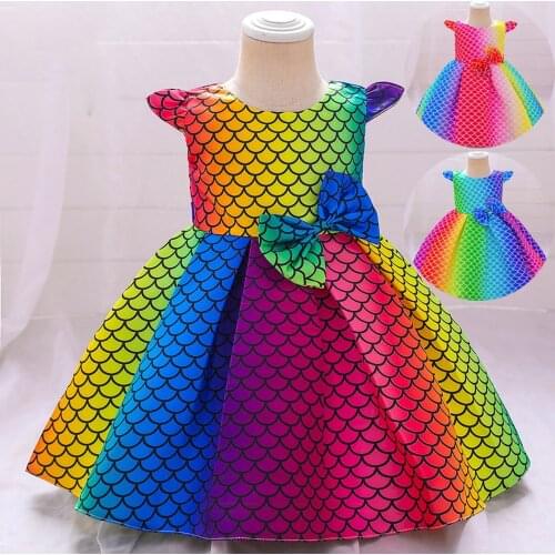 Baby Girls Ist Birthday Dress for Girl Rainbow Color Print Fish Scales with Big Bow Princess Toddler Kids Christmas Party Tutu