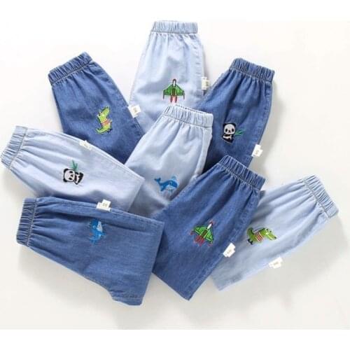 Childrens Jeans Kids Boy Girl Cute Embroidery Pattern Trousers Thin and Cool Summer Pants
