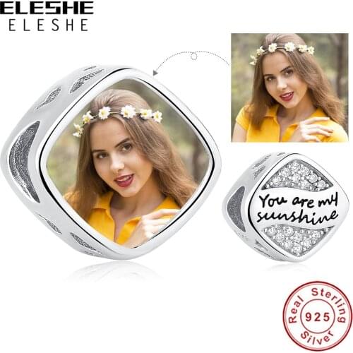 ELESHE Customized 925 Sterling Silver Square Charm Custom Photo Crystal Beads fit Original Bracelet Necklaces Fashion Jewelry