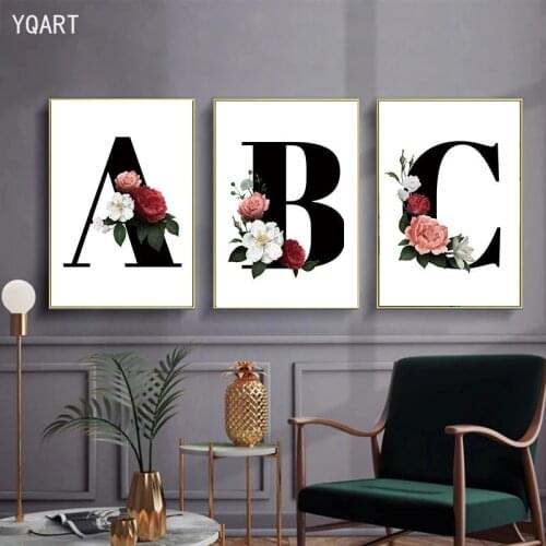 Nordic Style A To Z Black Alphabet Flower English Letter Canvas Painting Poster and Prints Wall Art Picture for Home Room Decor