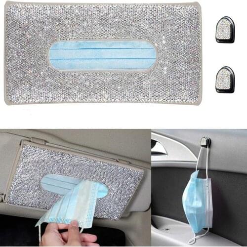 1pc Bling Car Tissue Box Sun Visor Tissue Holder PU Leather Bling Crystals Storage Tissue Box Auto Interior Storage Decoration