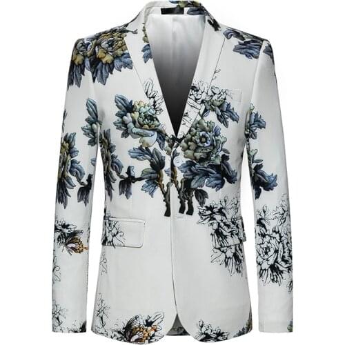 Fashion Mens Blazer Jackets White Men Suit with Floral Printing Slim Fit Fancy Blazer Male Flower Dress Tuxedo Suit Man