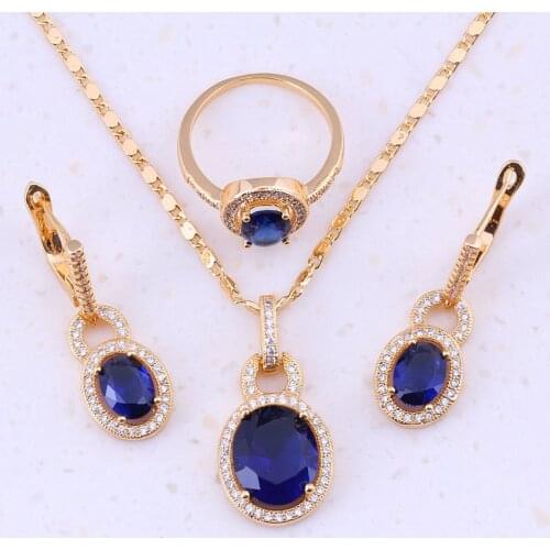 Ravishing Blue Synthetic Crystal & Cubic Zircon Yellow Gold Color Fashion Party Jewelry Sets For Women Free Gift Box E0011