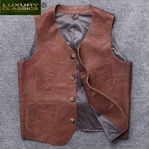 Jacket Vintage Genuine Leather Men Real Cow Leather Vest Casual Business Mens Leather Jacket Moto Biker Fit Outwear 1821
