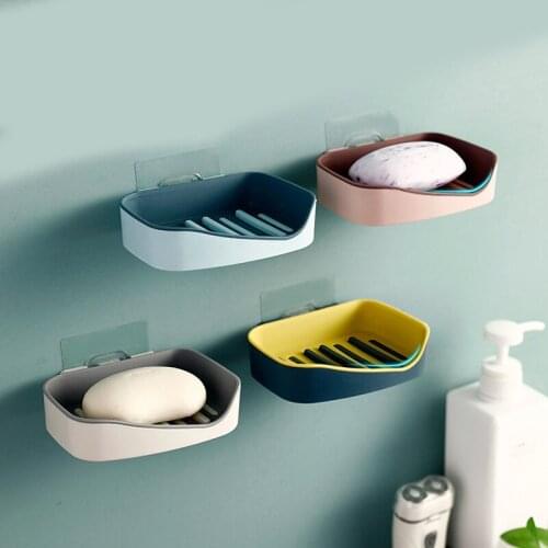 Wall Mounted Self Adhesive Soap Dishes Soap Sponge Dish No Drilling Storage Box Rack Shelf Double Drain Bathroom Soap Holder