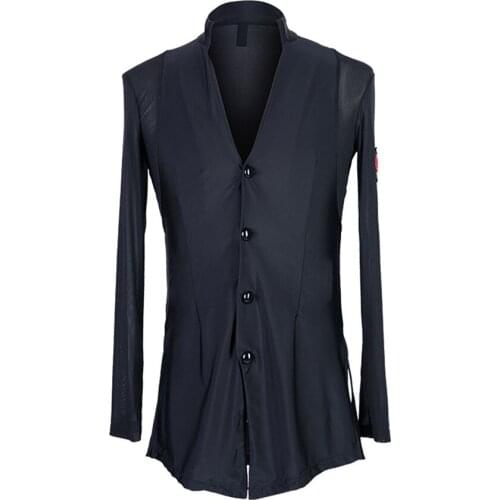 2021 New UA130 Black Long Sleeve Male Latin Dance Tops V Neck Performance Costume Latin Ballroom Dress Latino Dancewear