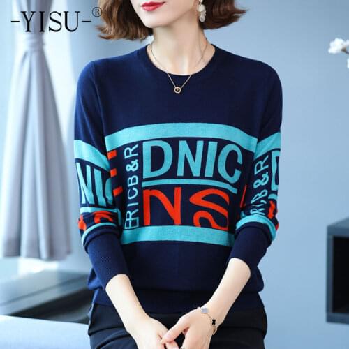 YISU 2021 New Womens sweater O-Neck Letters Printing Spring tops Long sleeves Jumper Female Casual Loose Wool Knitted pullove