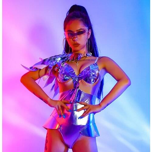 New Nightclub Dj Singer Stage Costume Silver Bodysuit Sexy Rave Outfit For Women Gogo Leading Performance Clothing Suit BL5110