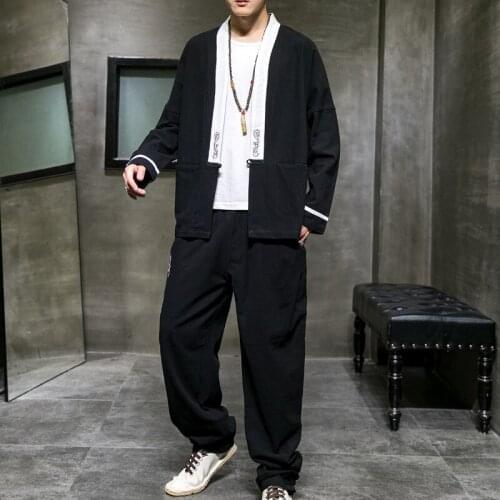 Chinese Style Autumn Winter Men Clothes Cardigan Jacket Pants Set Tang Suit Chinese Traditional Clothing Long Sleeves Top+Pants