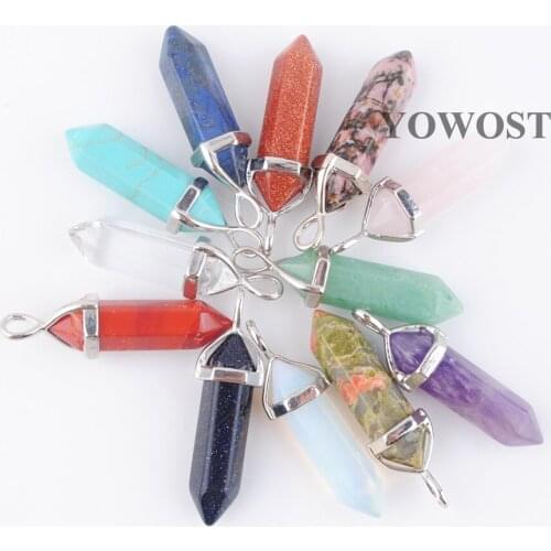 YOWOST 10pcs Natural Stone Pendants Aventurine Rose Quartzs Bullet Hexagonal Point Pendulum Column Reiki Healing Chakra QBN303