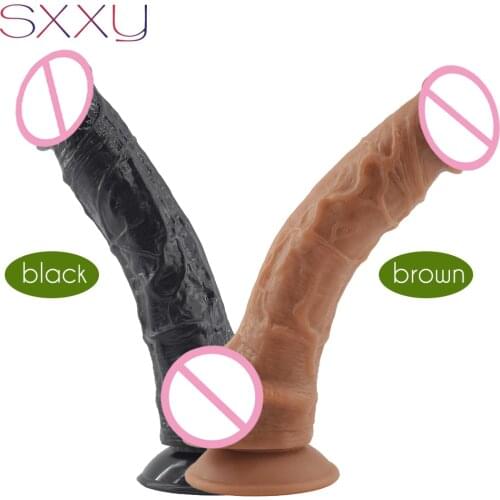 SXXY Realistic Dildo Veined Imitation Black Penis Curve Shape Adult Sex Toys with Texture Big Glans for Women Masturbate