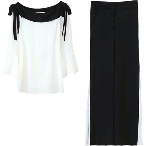 New chiffon suit summer short-sleeved tops + wide leg pants loose women sets two pieces