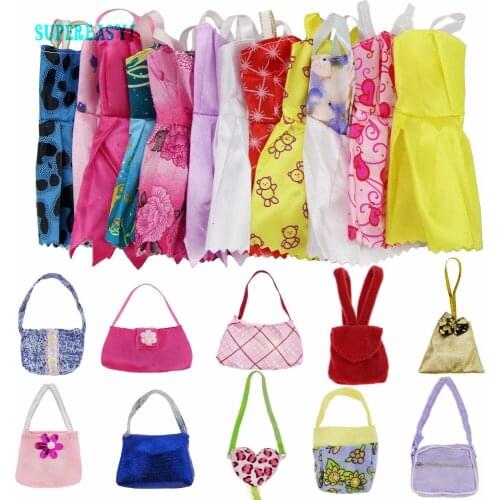Random 17 Pcs = 12x Mini Doll Dresses Fashion Mixed Skirt + 5x Handmade Cloth Handbags Clothes for Barbie Doll Accessories Kids