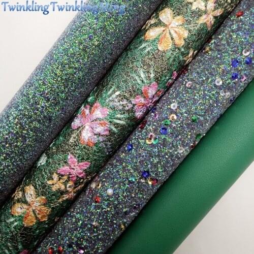 GREEN Glitter Fabric with Sequins, Flowers Printed Synthetic Leather, Faux leather For Bow A4 21x29CM Twinkling Ming XM994