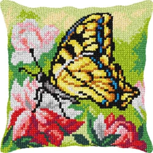 Cross Stitch Cushion Front Orange Butterfly Needlepoint Kits Printed Canvas Chunky Yarn Cross-stitch Pillow Case Arts & Crafts